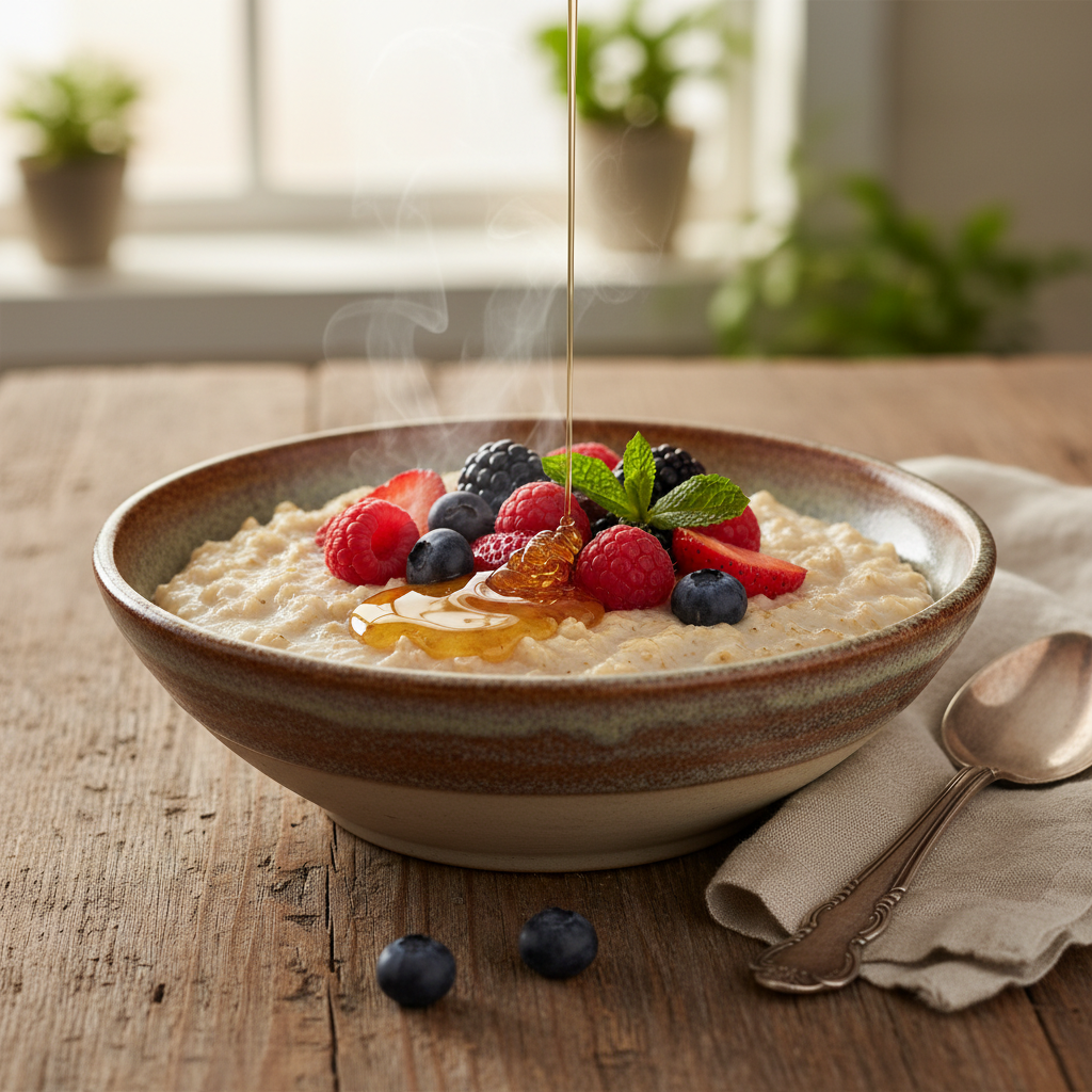 Avižinė košė su medumi ir mišriomis uogomis